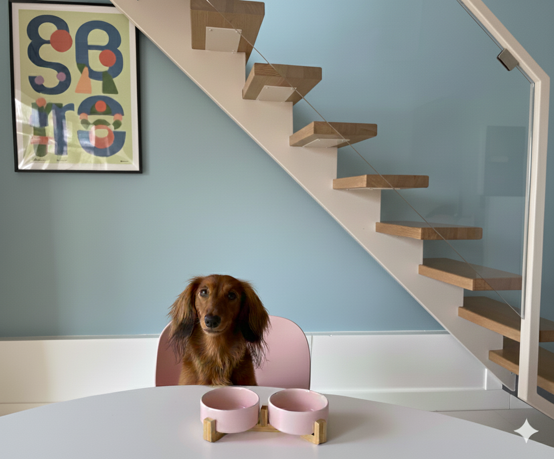 Keramik hundeskåle med træstativ - 2 stk