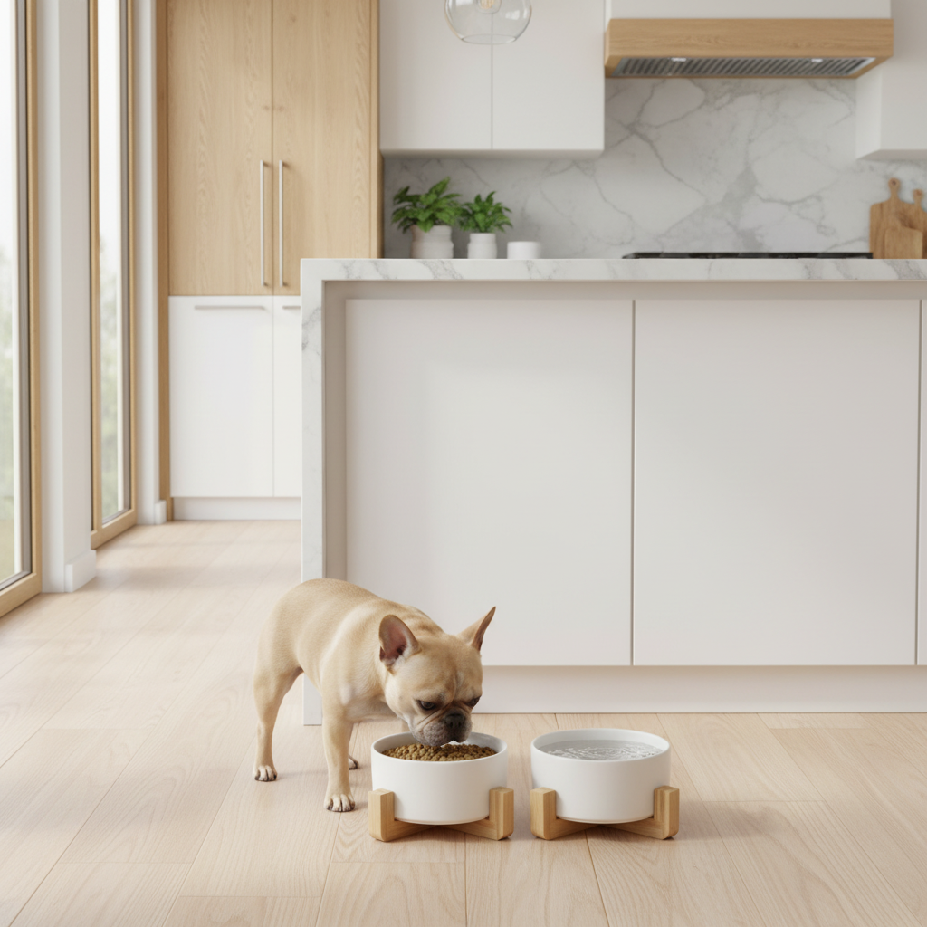 Dog bowls in kitchen with dog