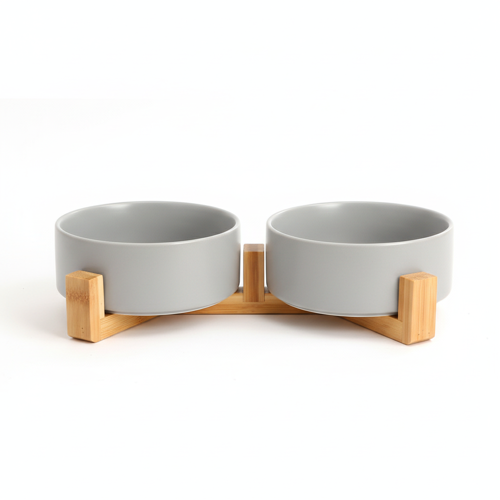 Double light gray dog bowls connected stand