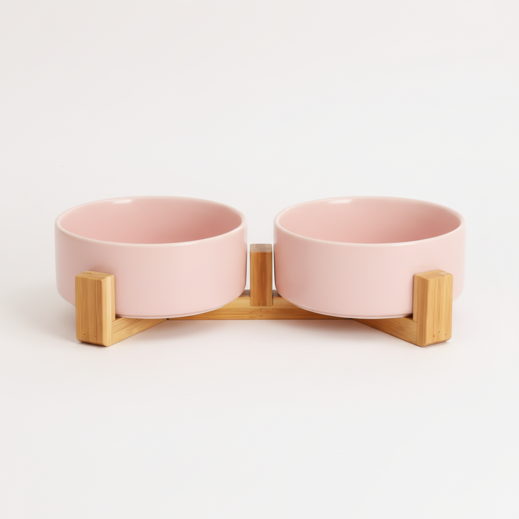 Double pink dog bowls connected stand