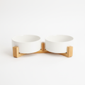 Double white dog bowls connected stand