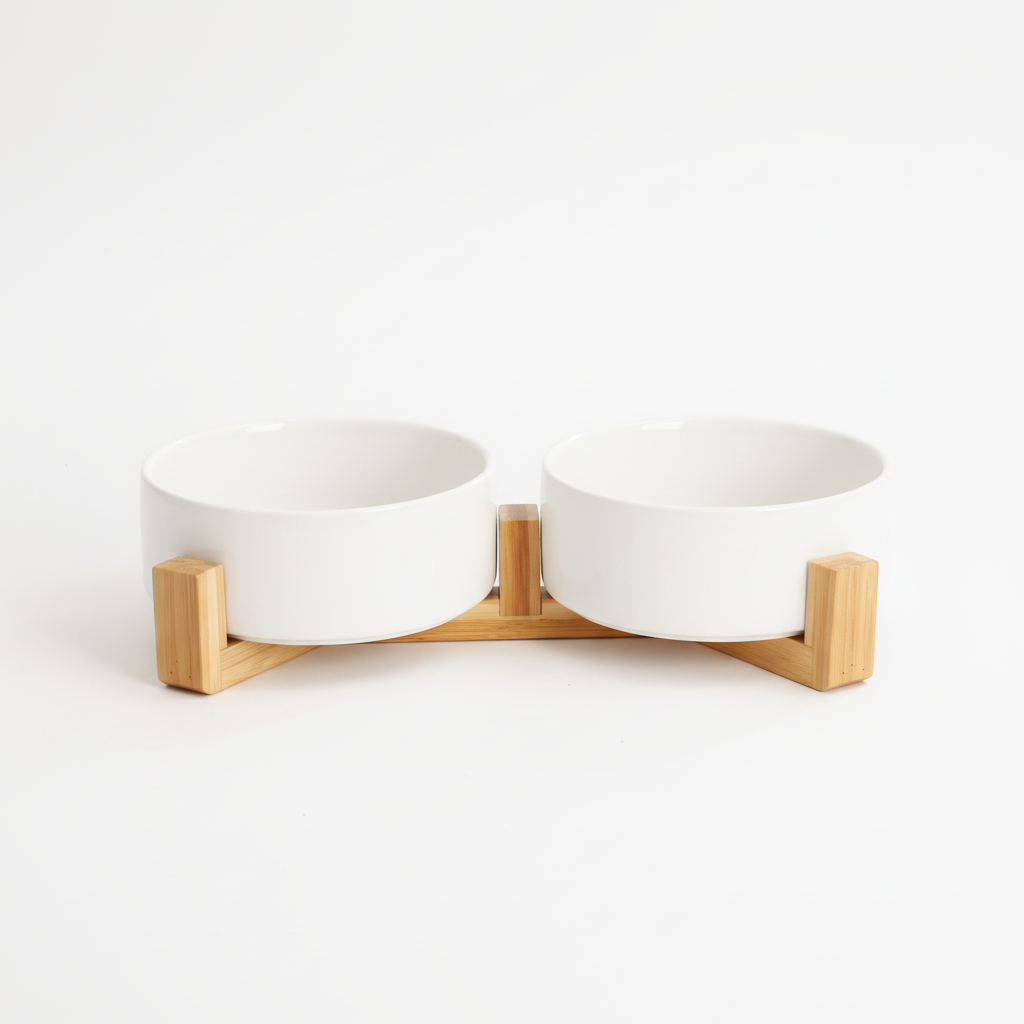 Double white dog bowls connected stand