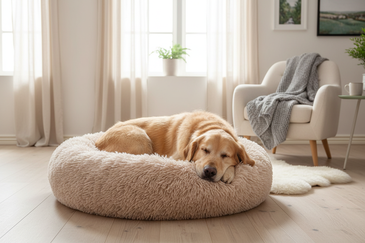 Lifestyle foto - hund i beige hundekurv
