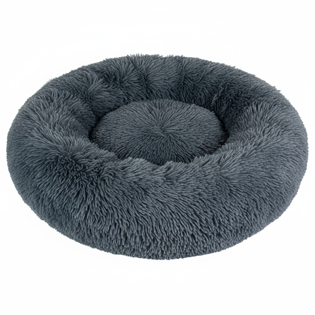 Mørkegrå-blå fluffy donut hundekurv